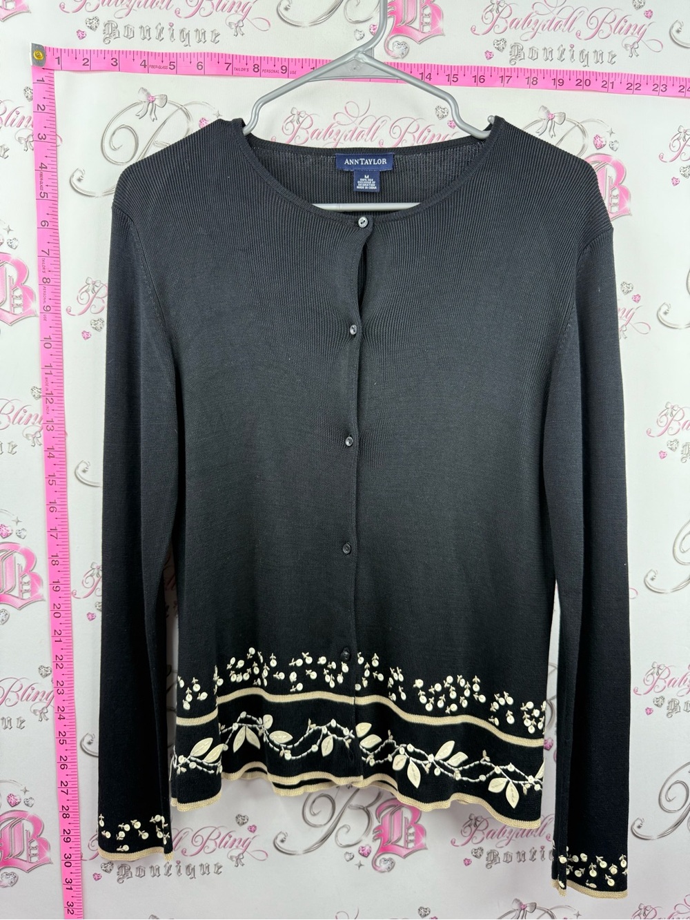 Ann Taylor cardigan flower floral buttons Black Cardigan with Cream Floral Hem